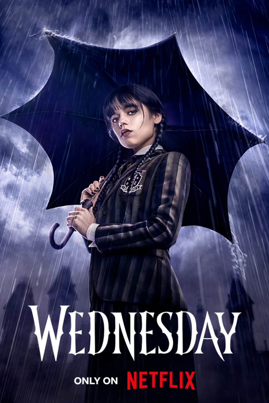 Η Wednesday Addams στέκεται στη βροχή κρατώντας μια ομπρέλα, με το λογότυπο της σειράς.
