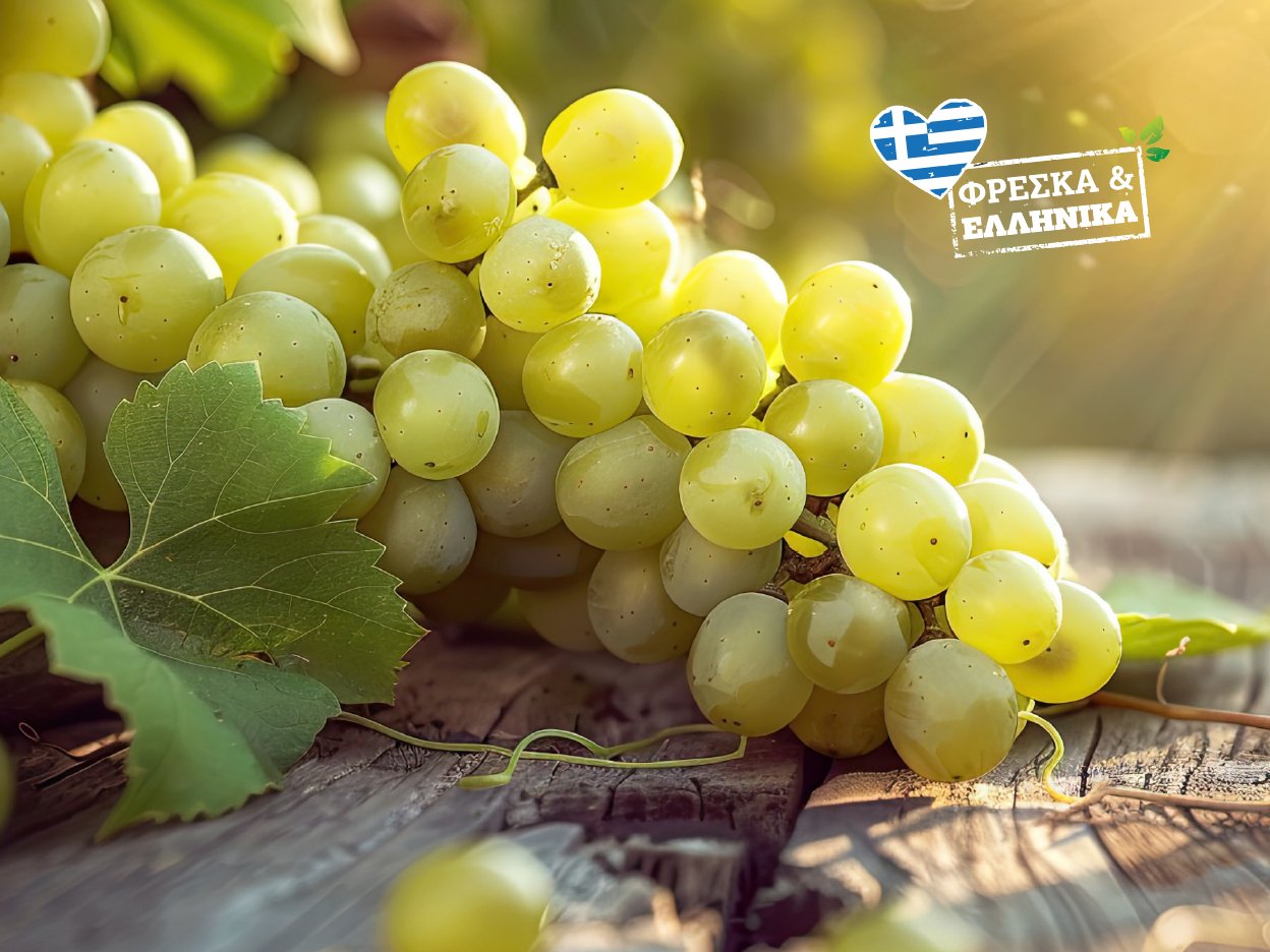 Φρέσκα πράσινα σταφύλια σε ξύλινη επιφάνεια με ελληνική σημαία και κείμενο.