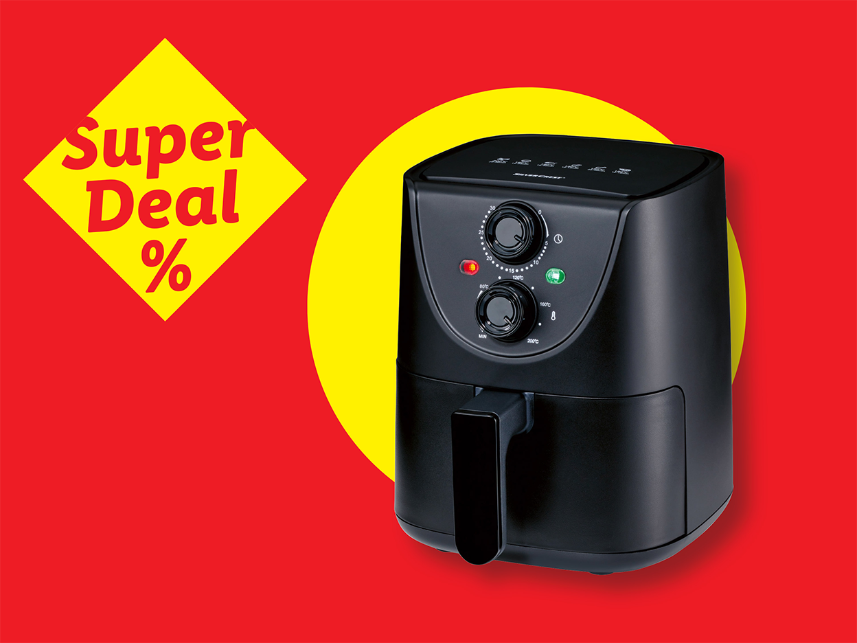 Air fryer σε προσφορά, με κίτρινο και κόκκινο φόντο.