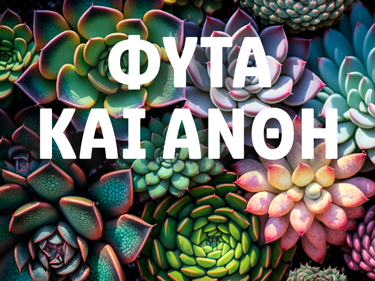 Πολύχρωμα παχύφυτα με την επιγραφή 'ΦΥΤΑ ΚΑΙ ΑΝΘΗ'.