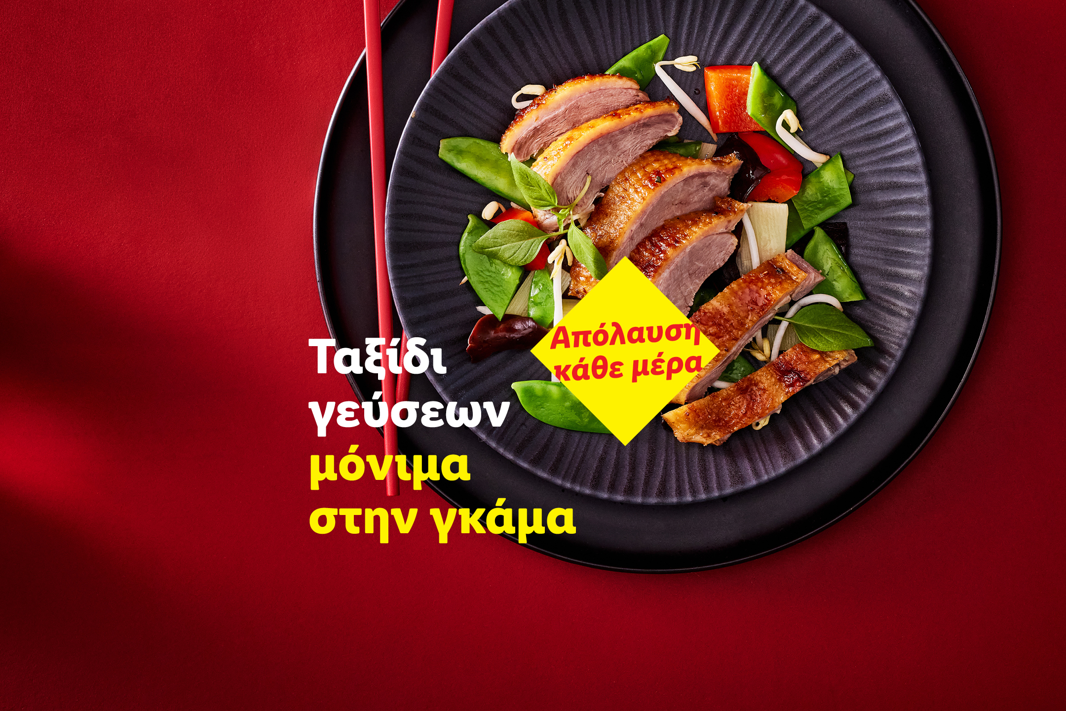 Πιάτο με πάπια και λαχανικά, με κείμενο «Ταξίδι γεύσεων μόνιμα στην γκάμα» και «Απόλαυση κάθε μέρα».