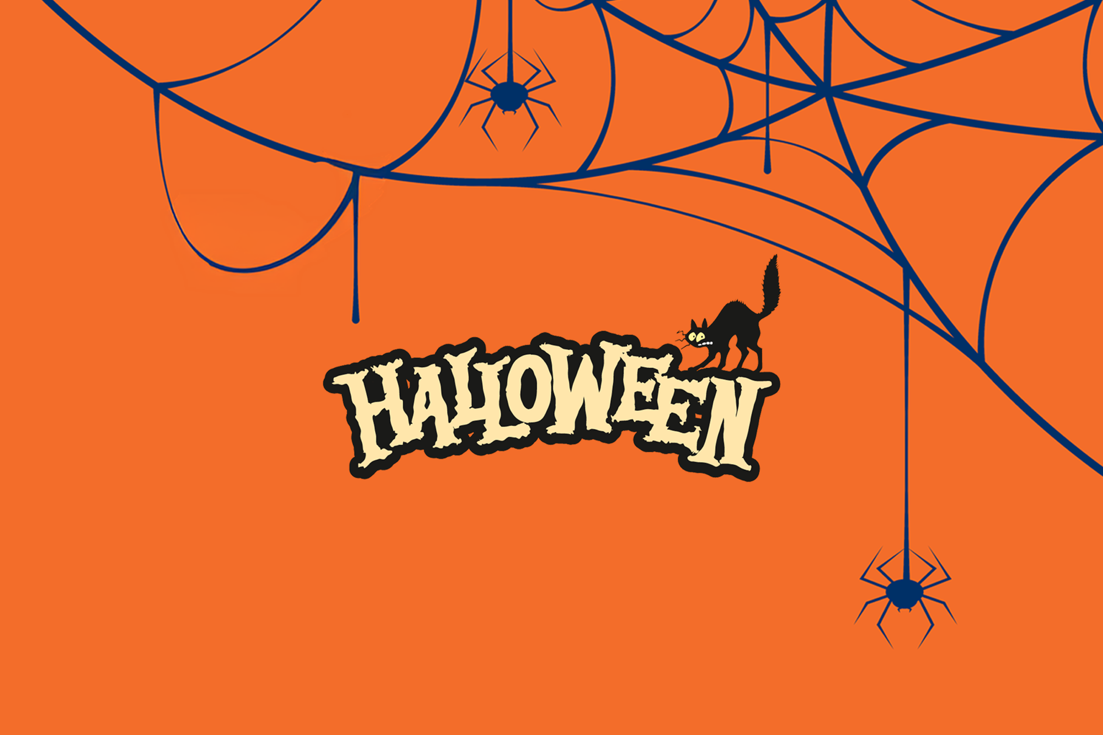Πορτοκαλί πανό για το Halloween με ιστούς αράχνης, αράχνες και μια μαύρη γάτα.
