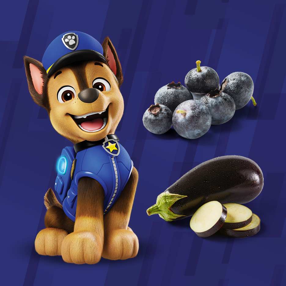 Ο Chase από το Paw Patrol με μύρτιλα και μελιτζάνα σε μπλε φόντο.