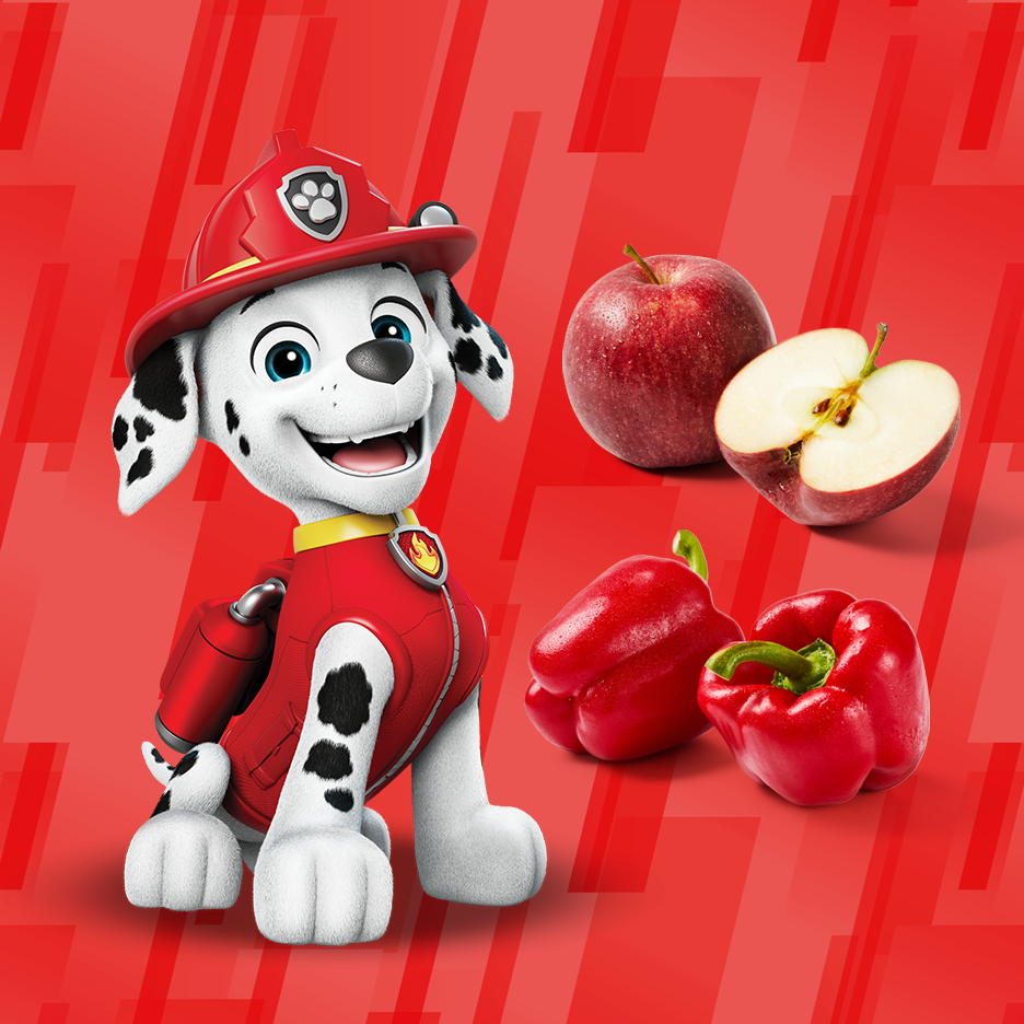 Ο Μάρσαλ της Paw Patrol με μήλα και κόκκινες πιπεριές σε κόκκινο φόντο.
