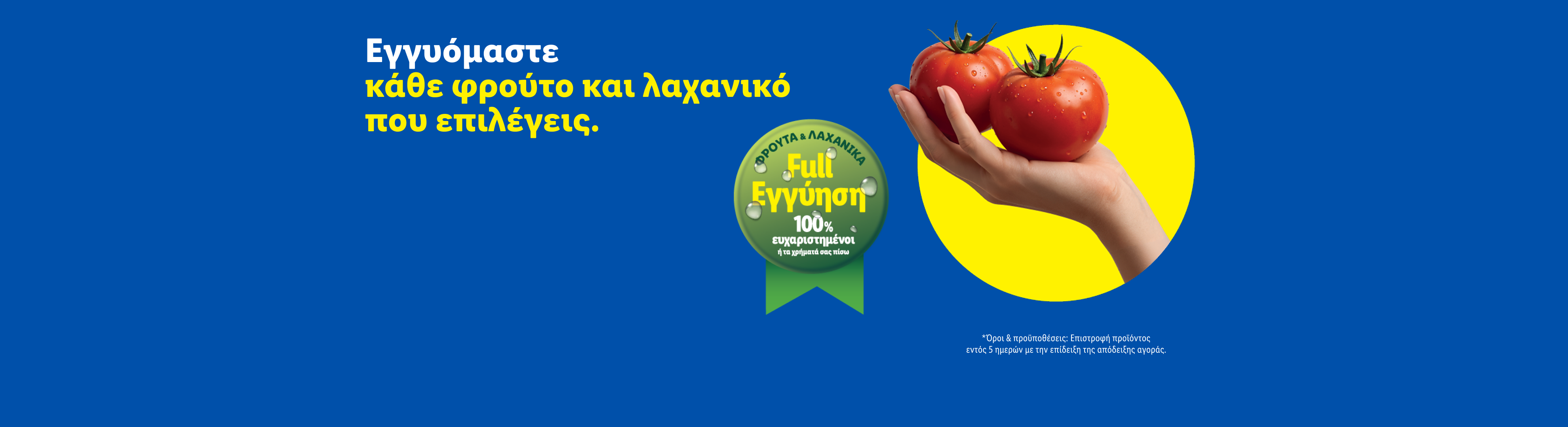 Δύο ντομάτες σε ένα χέρι, με κείμενο «Εγγυόμαστε κάθε φρούτο και λαχανικό που επιλέγεις» και «100% ευχαριστημένοι ή τα χρήματά σας πίσω».