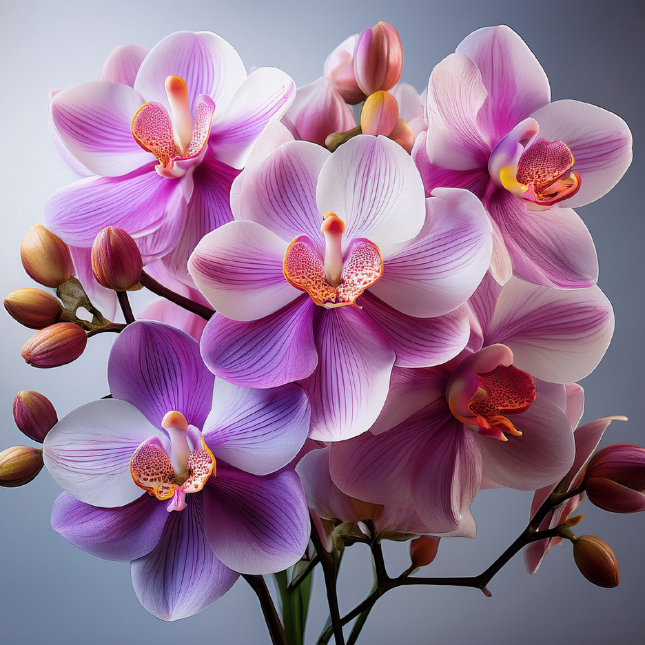 Μια κοντινή λήψη από ένα μπουκέτο με ροζ και μοβ ορχιδέες με μπουμπούκια.