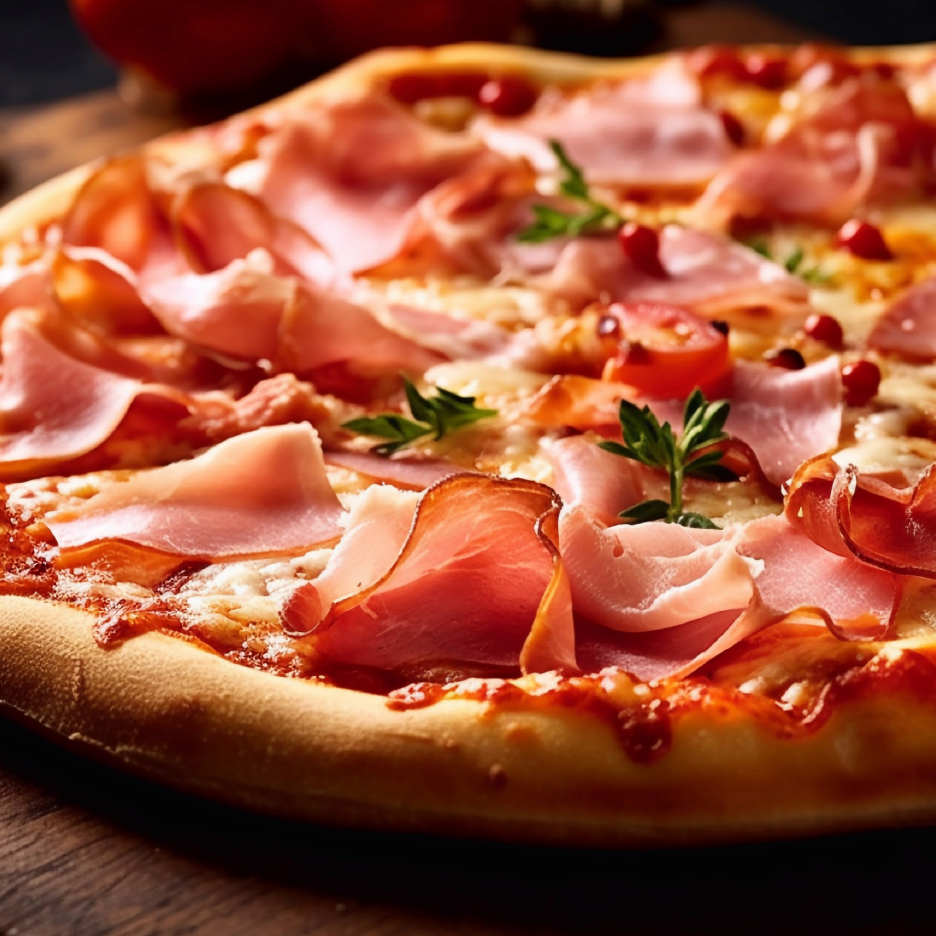 Πίτσα με ζαμπόν, τυρί, ντομάτες και φρέσκα μυρωδικά σε ξύλινη επιφάνεια.