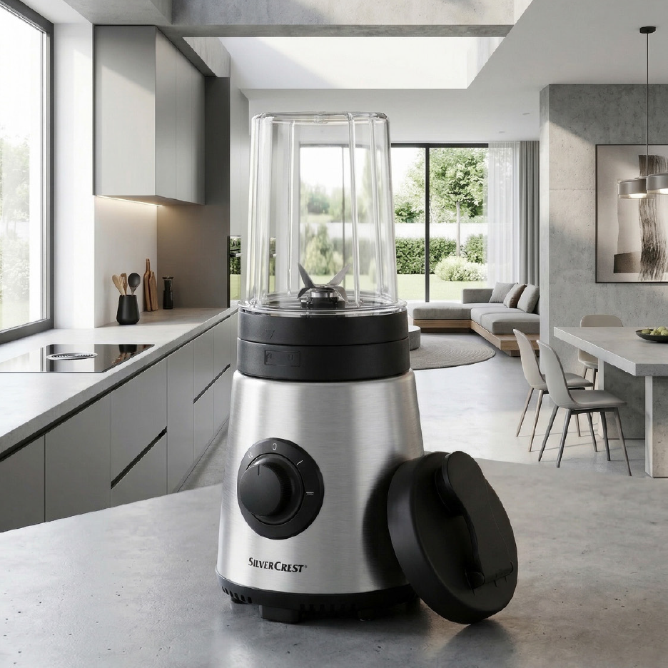 Ανοξείδωτο μπλέντερ σε μοντέρνα κουζίνα με σαλόνι ενιαίας διαρρύθμισης.