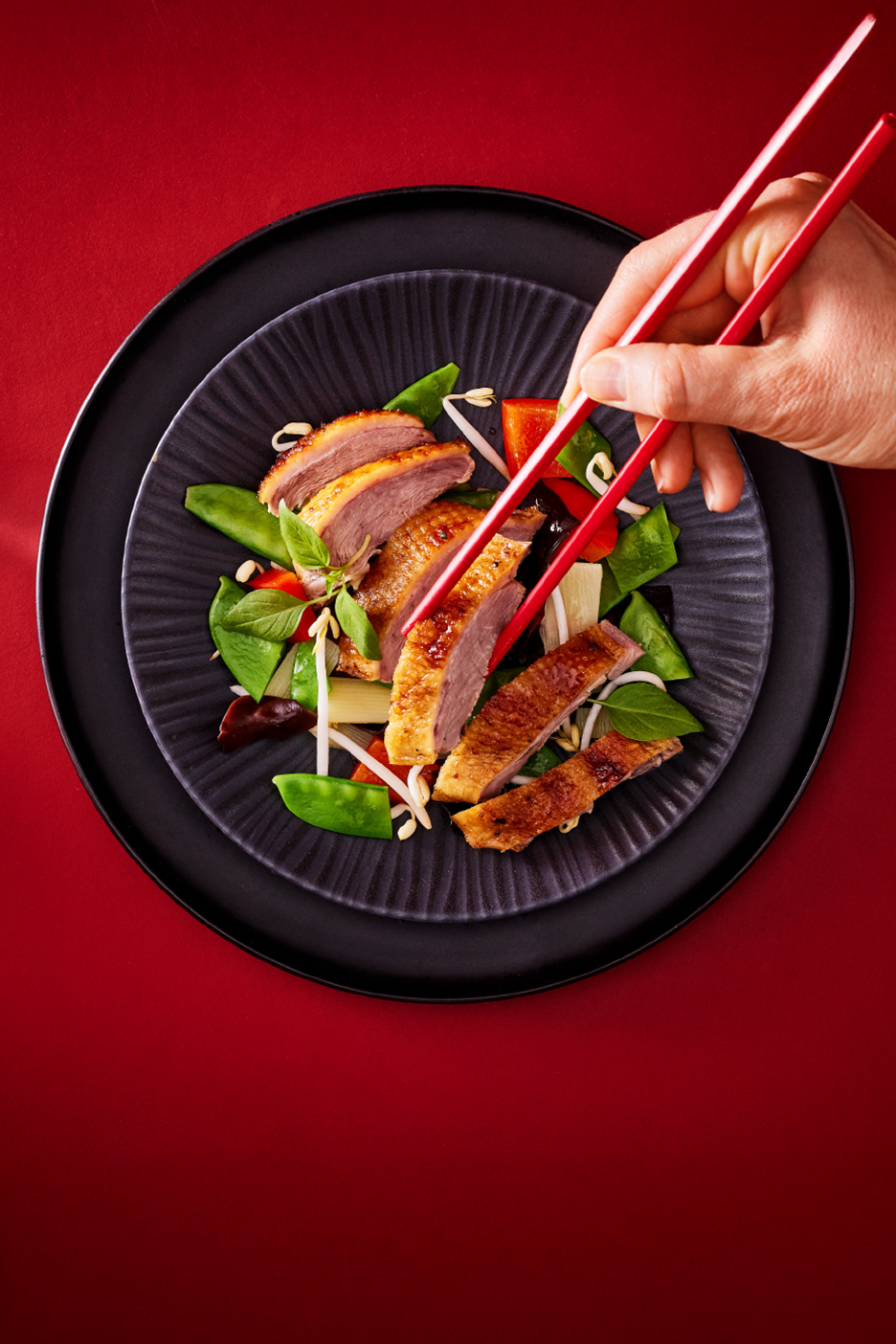 Πάπια με λαχανικά σε μαύρο πιάτο, με κόκκινα ξυλάκια να κρατούν ένα κομμάτι πάπιας.