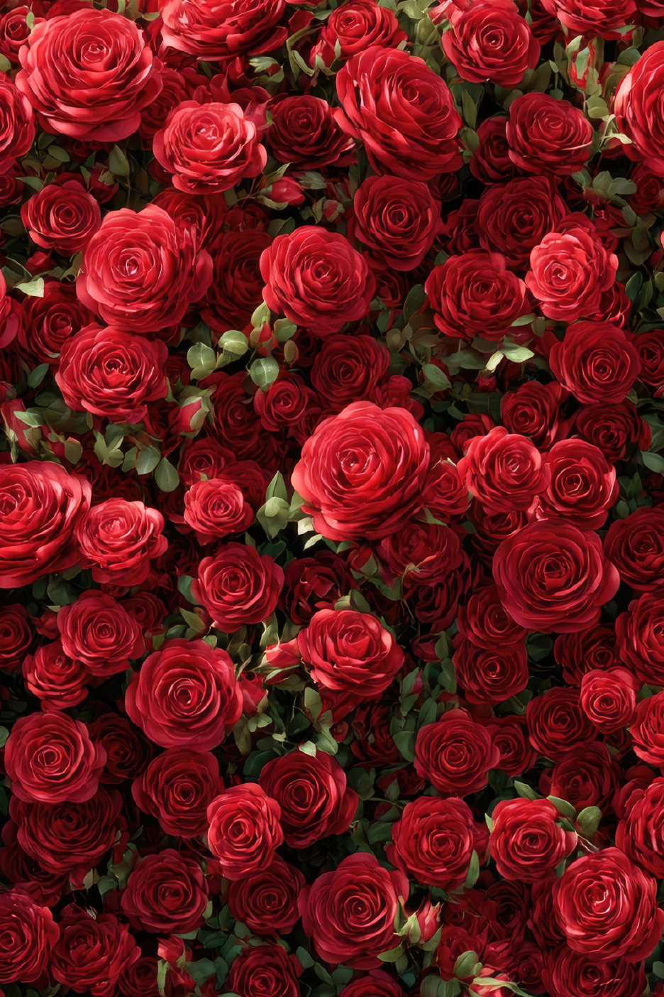 Πυκνή διάταξη από κόκκινα τριαντάφυλλα με πράσινα φύλλα.
