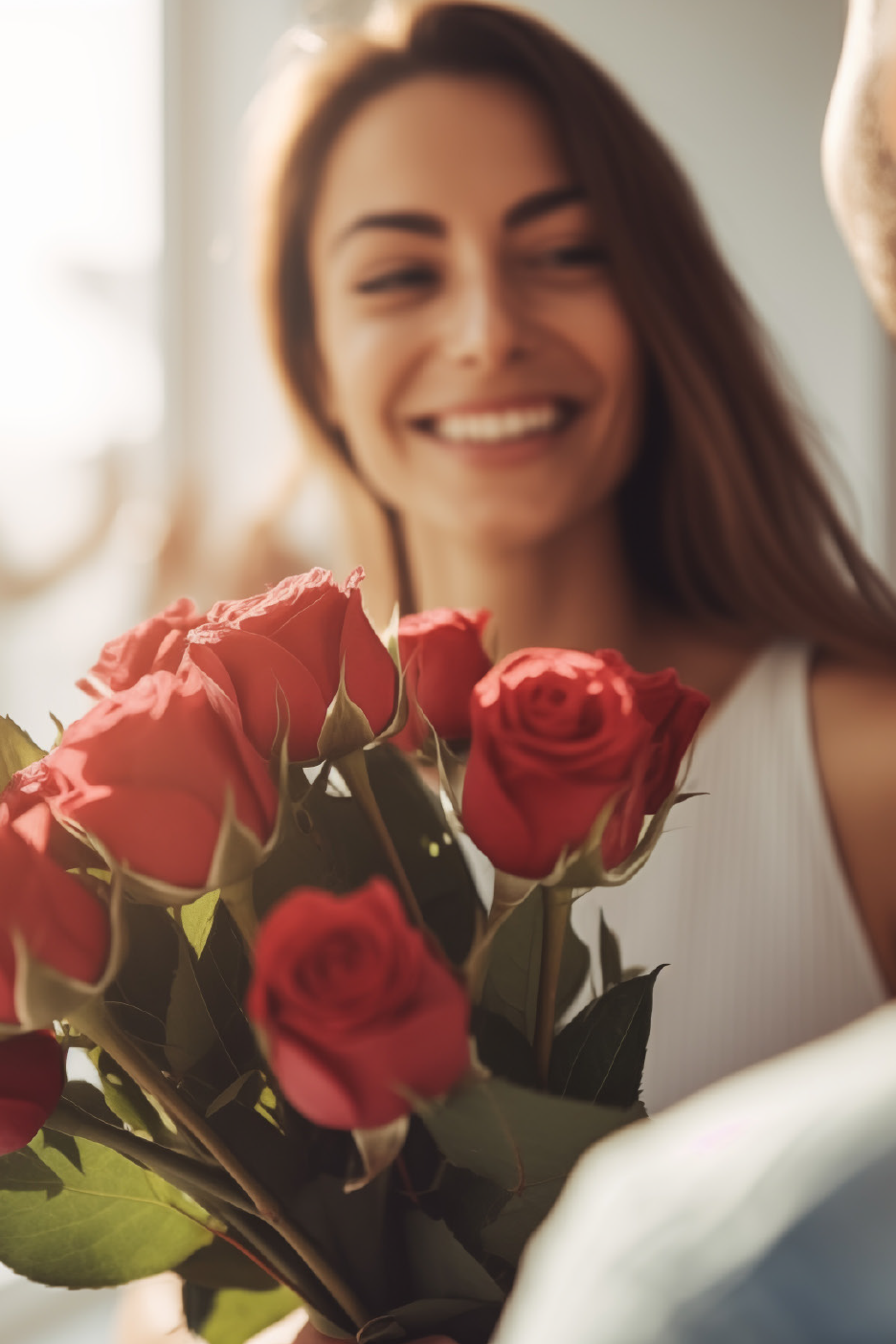 Μια χαμογελαστή γυναίκα κρατάει ένα μπουκέτο με κόκκινα τριαντάφυλλα.