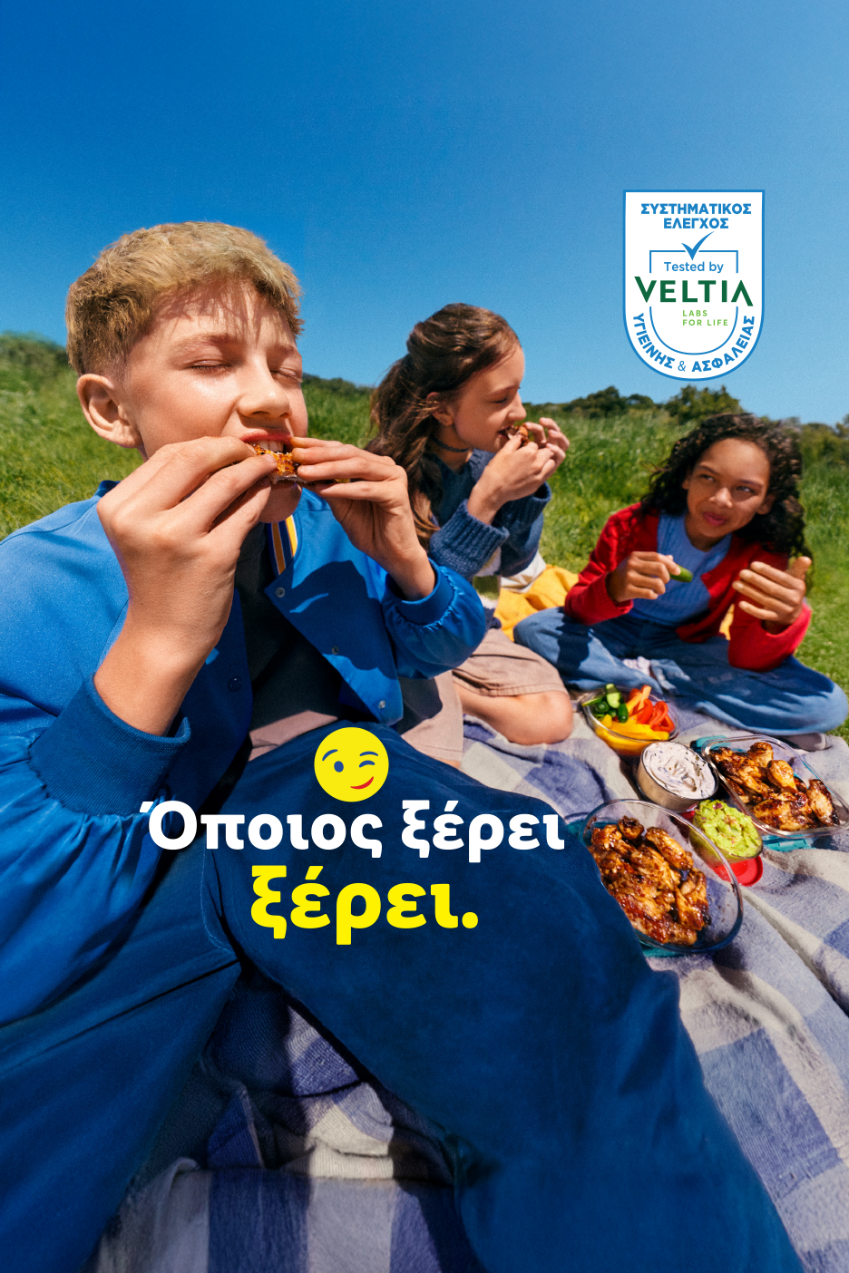 Παιδιά απολαμβάνουν κοτόπουλο και λαχανικά σε πικνίκ, με την επιγραφή «Όποιος ξέρει, ξέρει».