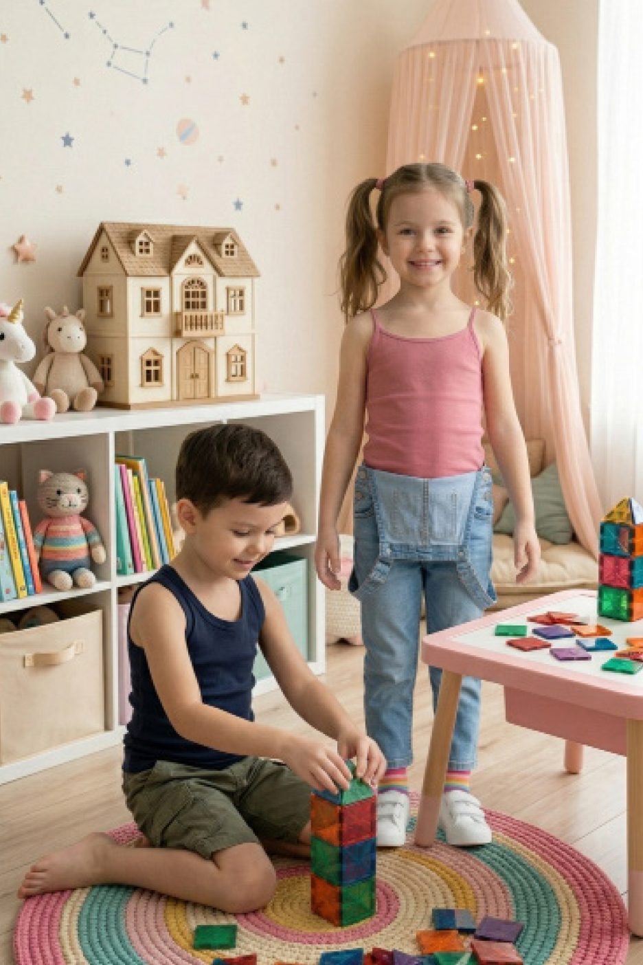 Παιδιά παίζουν με μαγνητικά τουβλάκια και ένα κουκλόσπιτο σε παιδικό δωμάτιο.