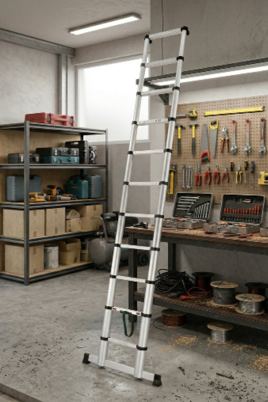 Τηλεσκοπική σκάλα σε εργαστήριο με ράφια και εργαλεία.
