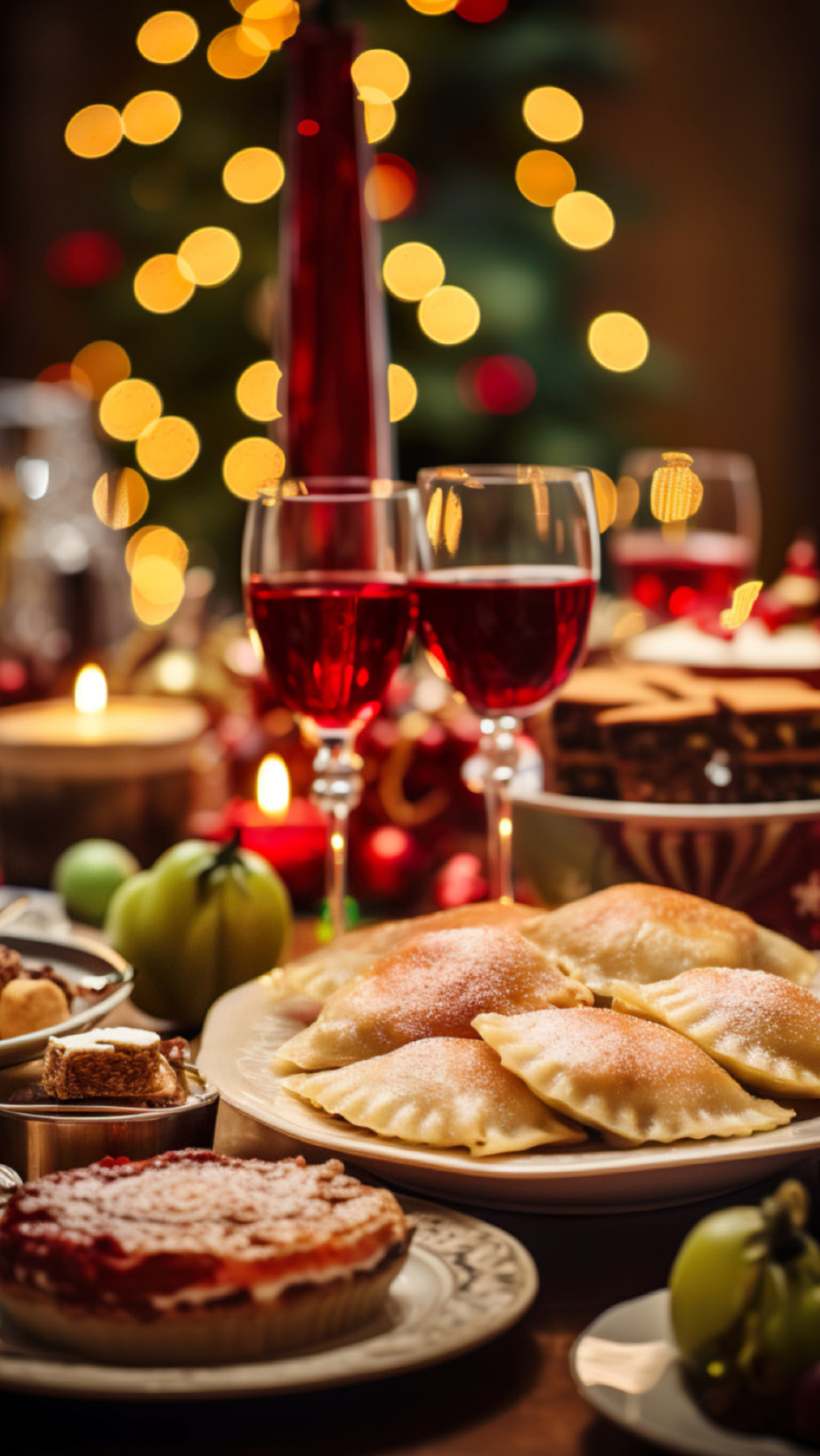 Χριστουγεννιάτικο τραπέζι με κρασί, κεριά, γλυκά πιροζκί και άλλα εορταστικά εδέσματα.