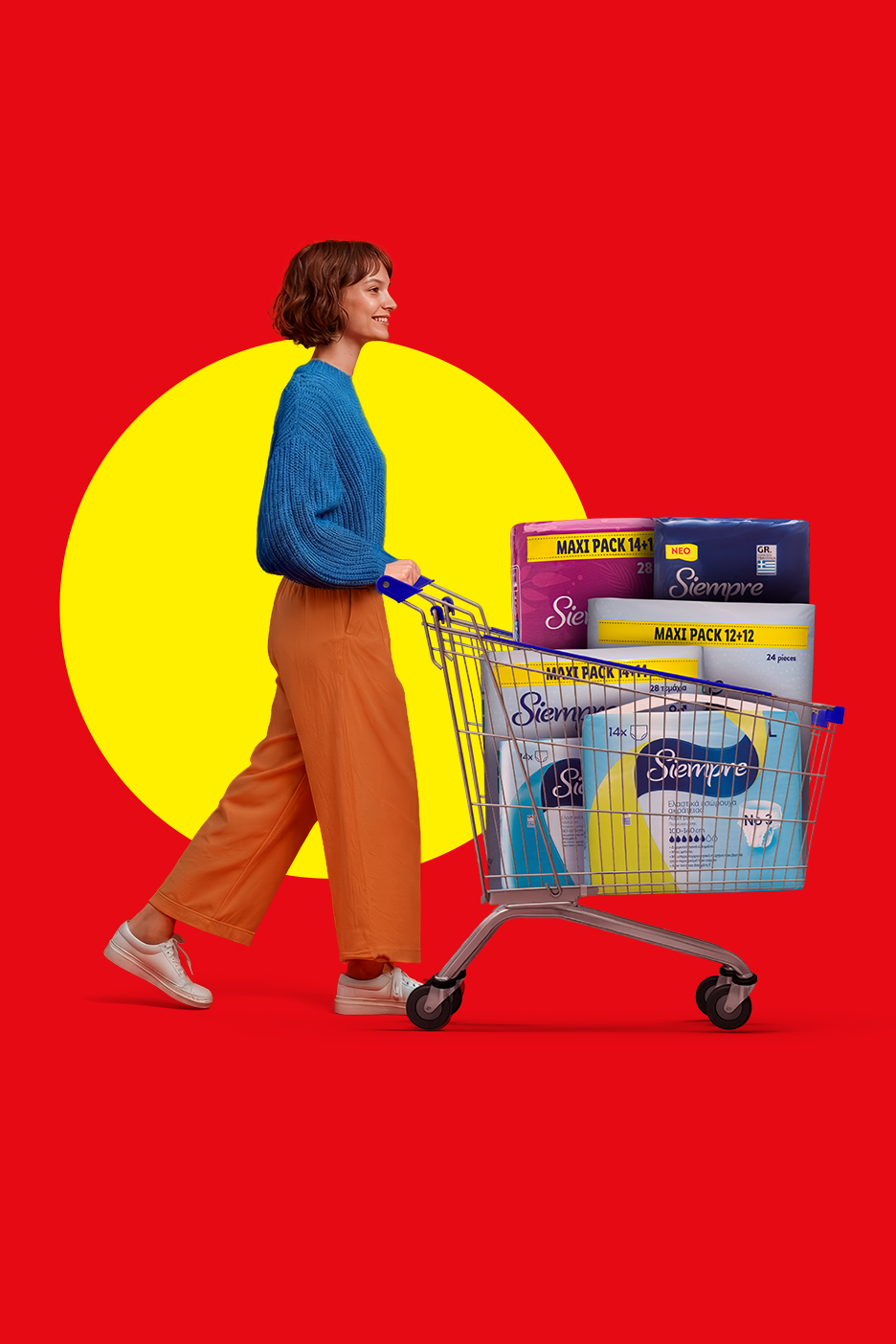 Μια γυναίκα σπρώχνει ένα καρότσι γεμάτο με συσκευασίες προϊόντων υγιεινής, με κόκκινο και κίτρινο φόντο.