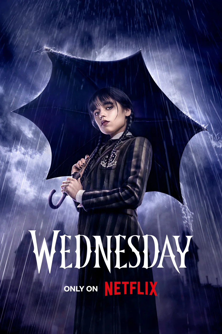 Η Wednesday Addams κρατά μια ομπρέλα στη βροχή, με το λογότυπο της σειράς και του Netflix.
