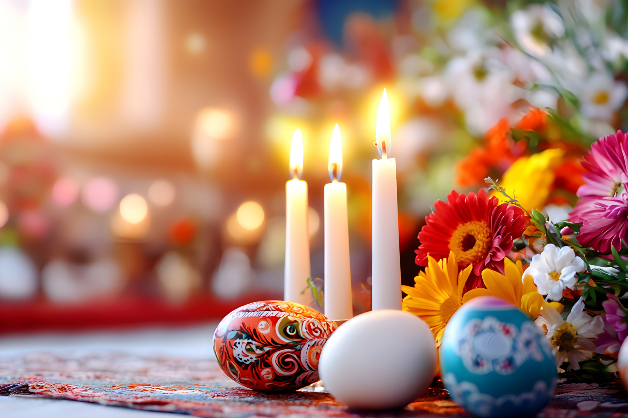 Πασχαλινά αυγά, κεριά και λουλούδια σε ένα γιορτινό τραπέζι.