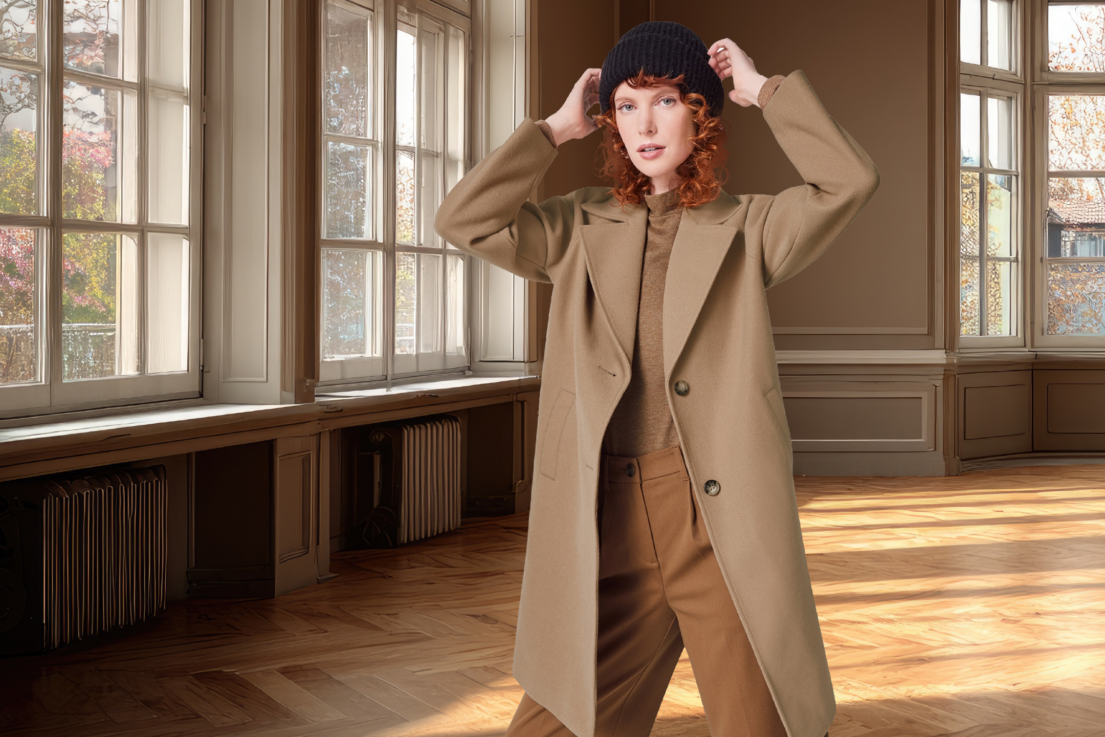 Γυναίκα με μπεζ παλτό, καφέ παντελόνι και μαύρο σκούφο σε δωμάτιο με μεγάλα παράθυρα.
