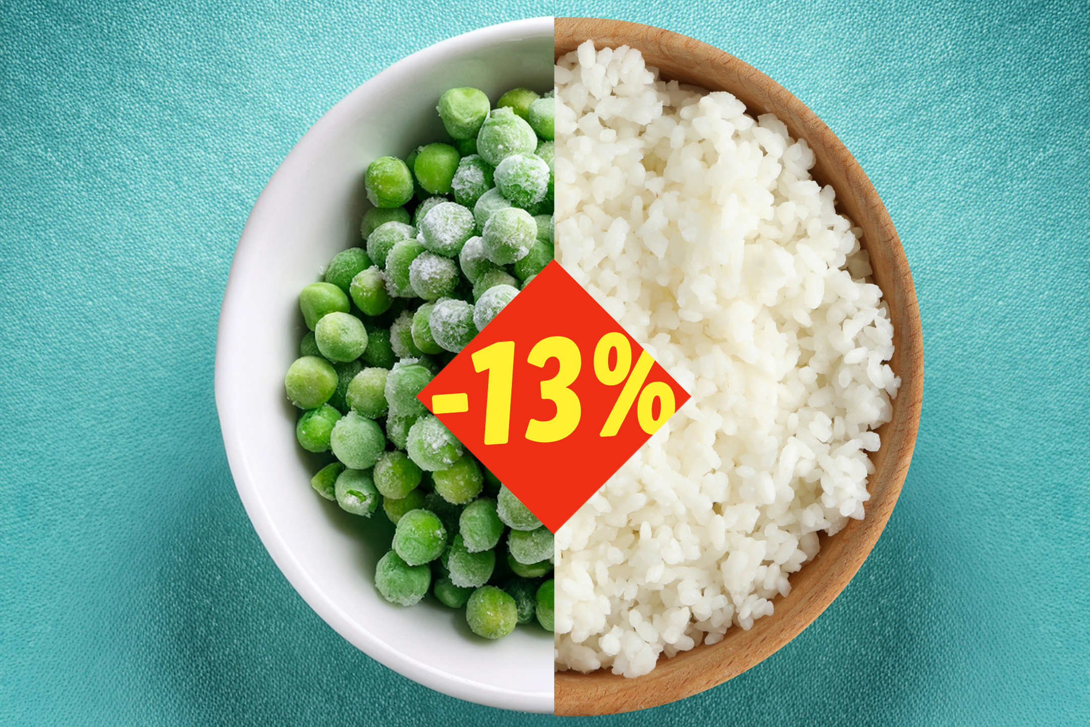 Μισό μπολ με κατεψυγμένα μπιζέλια και μισό με ρύζι, με ένα κόκκινο σήμα -13% στη μέση.