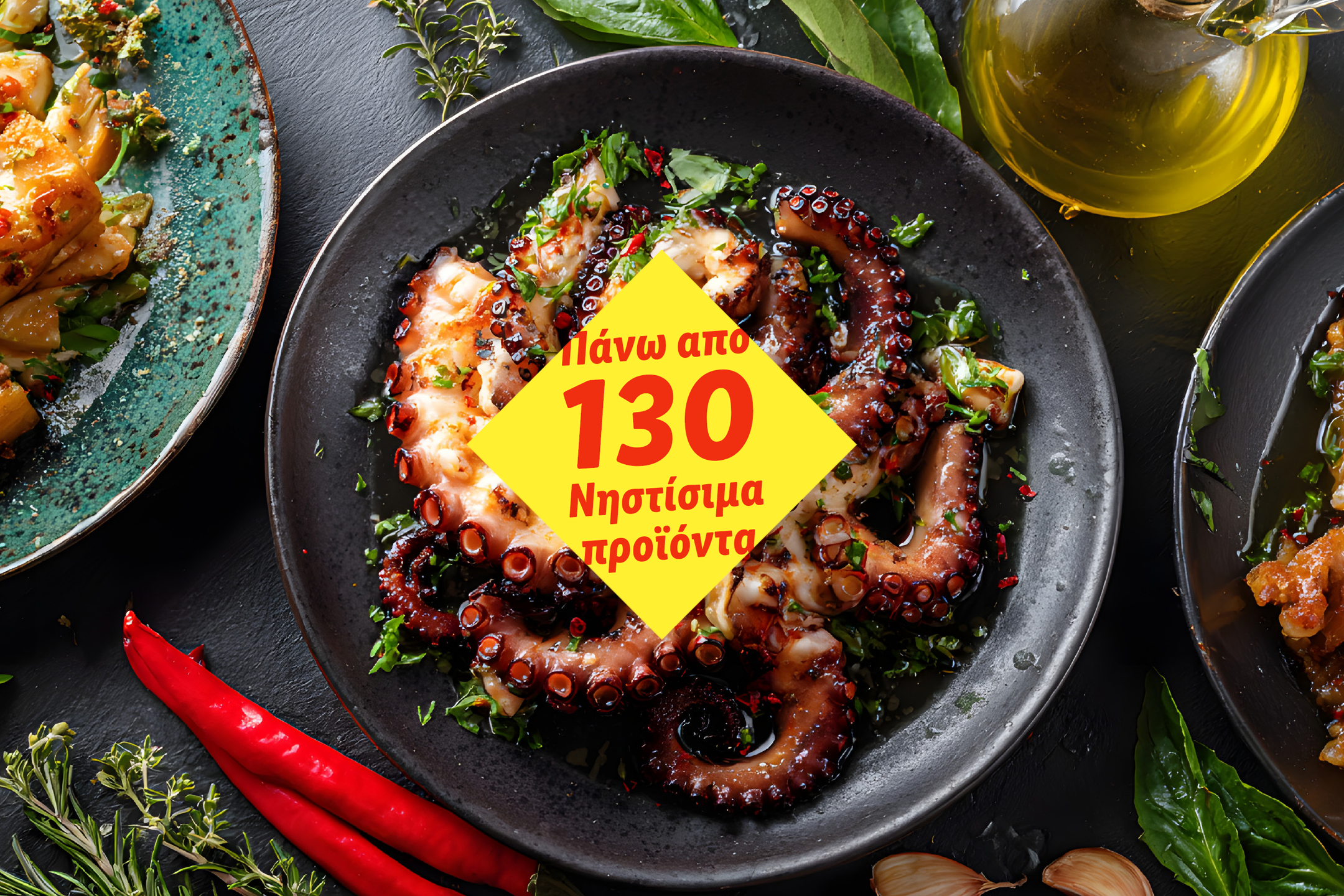 Πιάτο με χταπόδι και άλλα θαλασσινά, με κείμενο «Πάνω από 130 Νηστίσιμα προϊόντα».