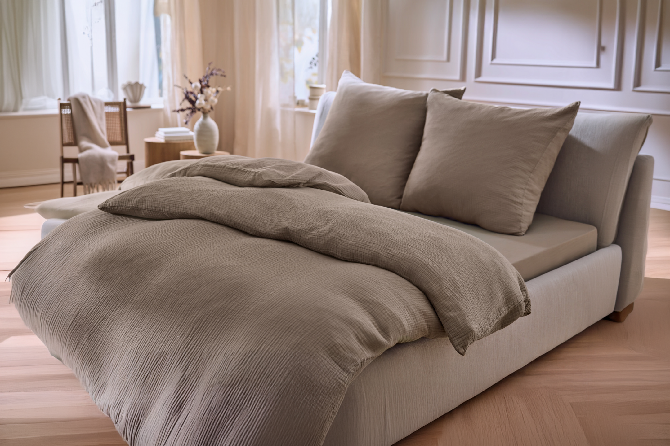 Κρεβάτι με μπεζ κλινοσκεπάσματα και μαξιλάρια σε ένα φωτεινό υπνοδωμάτιο.