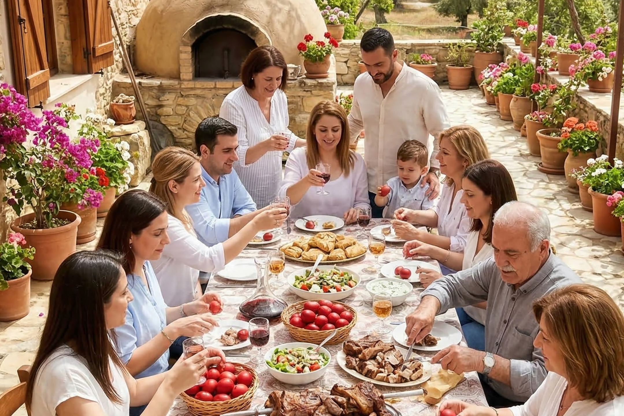 Οικογένεια γιορτάζει το Πάσχα σε εξωτερικό χώρο με ψητό αρνί, κόκκινα αυγά και σαλάτες.
