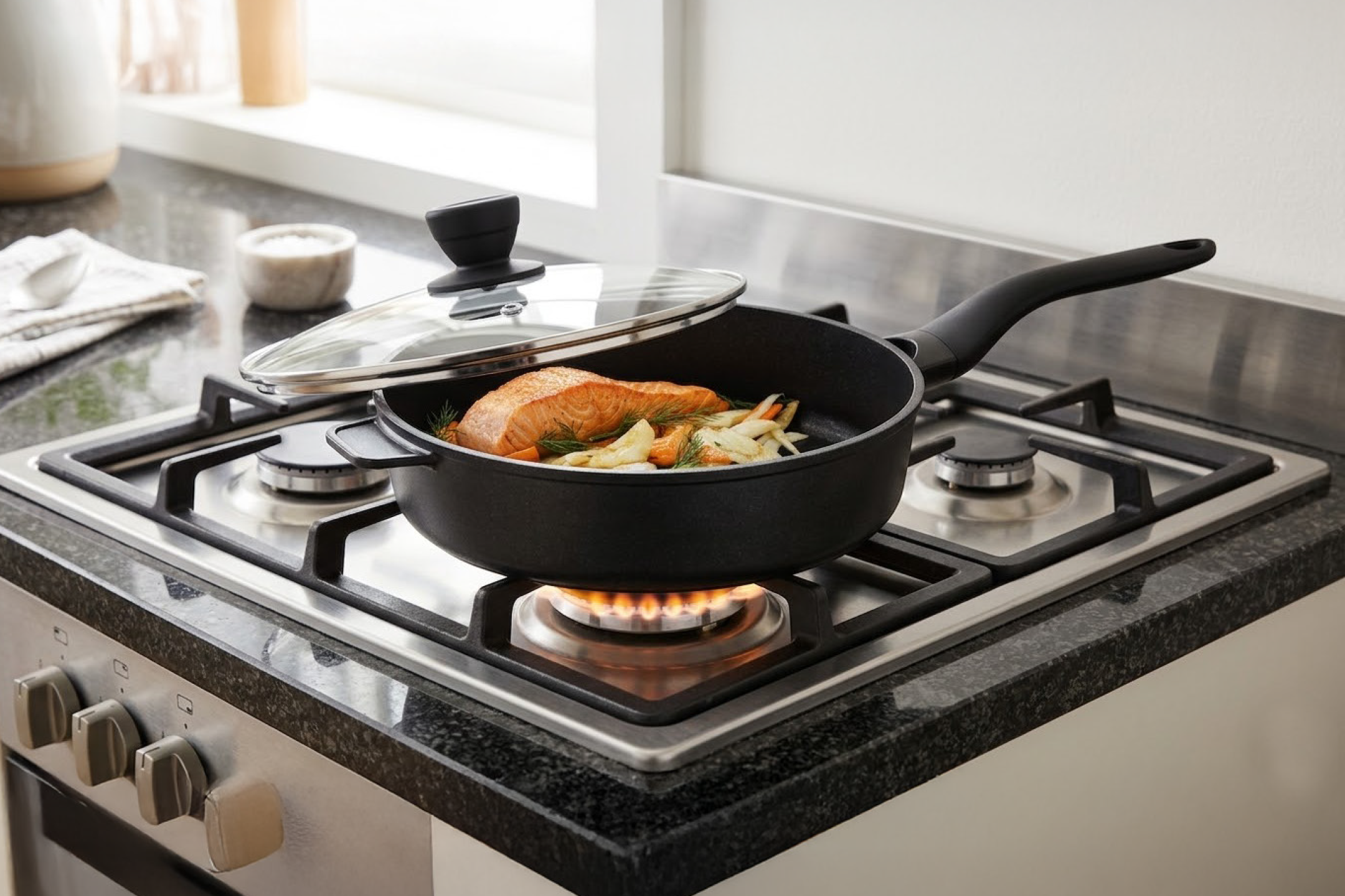 Τηγάνι με σολομό και λαχανικά σε εστία αερίου.