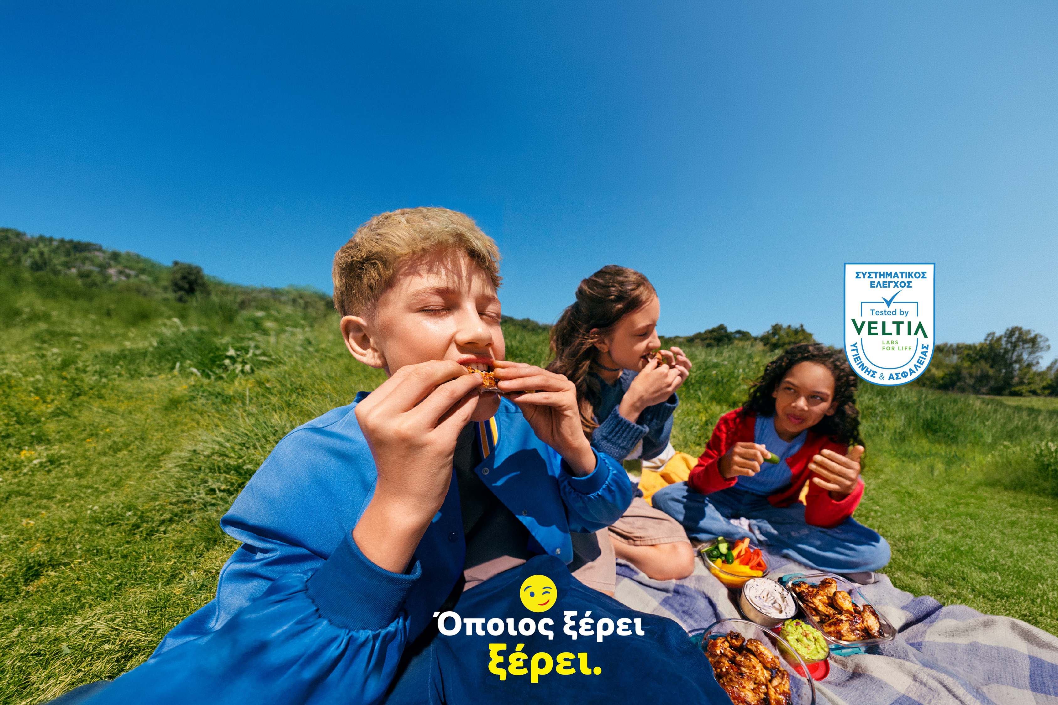 Παιδιά απολαμβάνουν ένα πικνίκ με ψητό κοτόπουλο και ντιπ σε ένα καταπράσινο τοπίο.