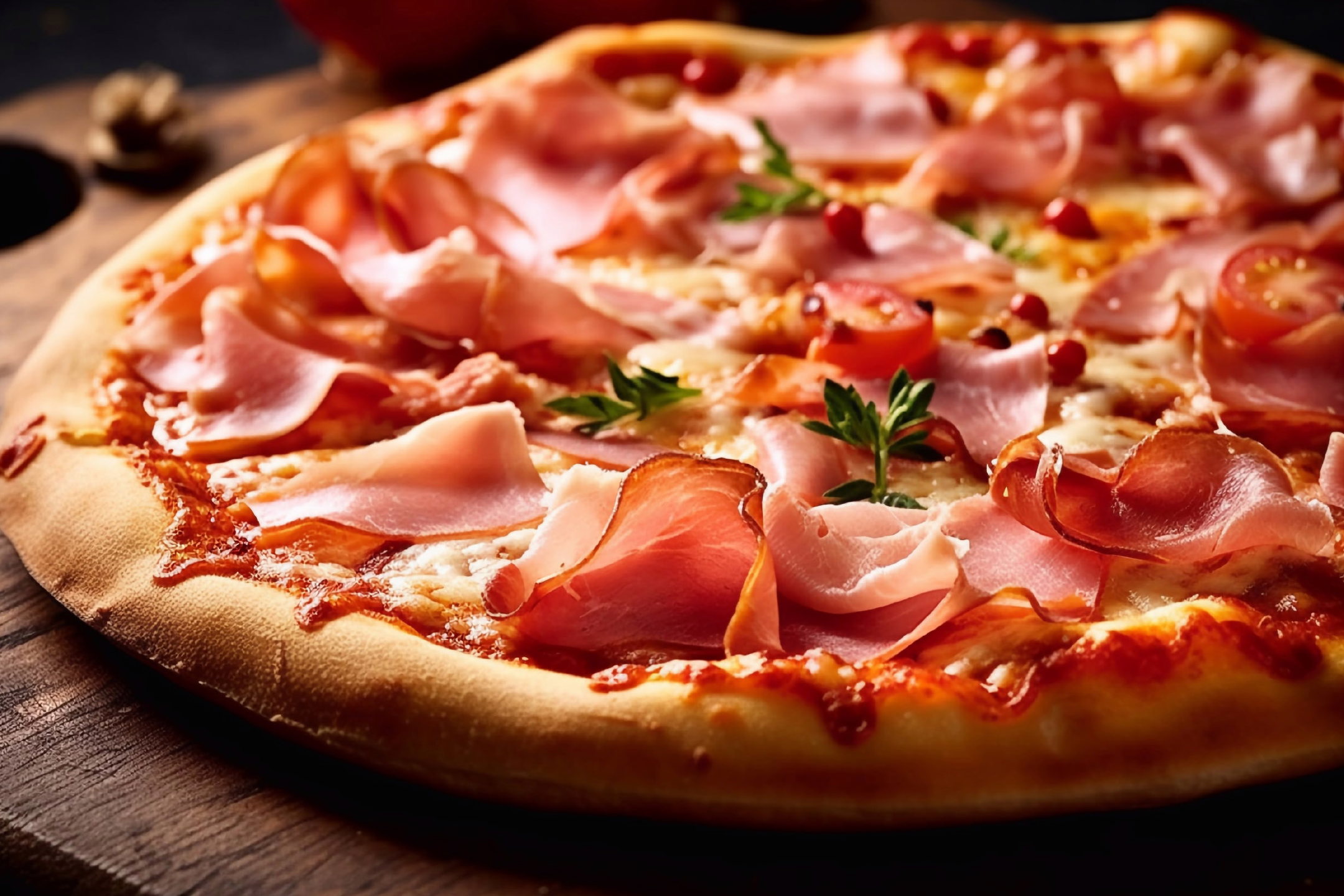 Πίτσα με ζαμπόν, ντομάτες, τυρί και φρέσκα μυρωδικά σε ξύλινη επιφάνεια.
