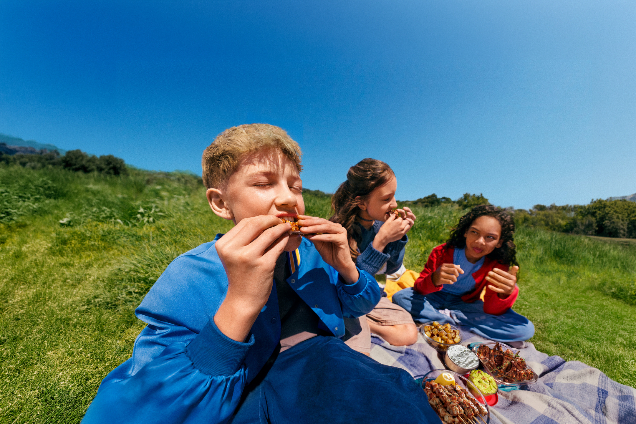 Παιδιά σε πικνίκ τρώνε σουβλάκια, παϊδάκια και πατάτες σε ένα καταπράσινο λιβάδι.
