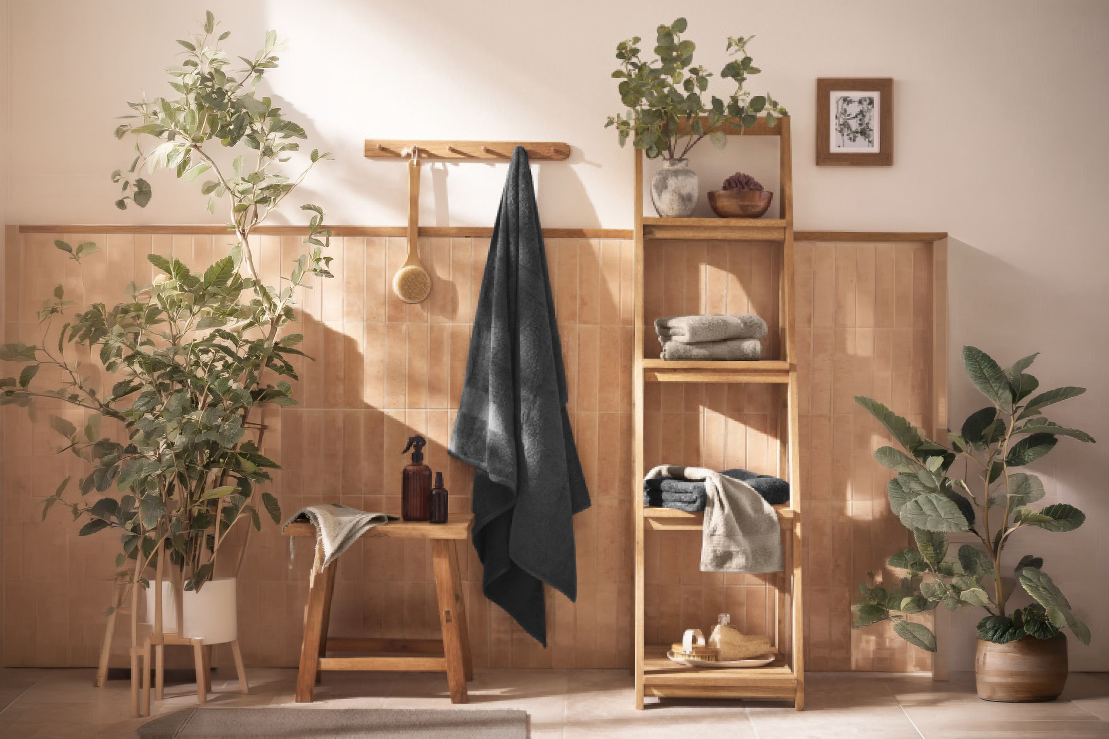 Μπάνιο με ξύλινα ράφια, πετσέτες, φυτά και ένα σκαμπό.