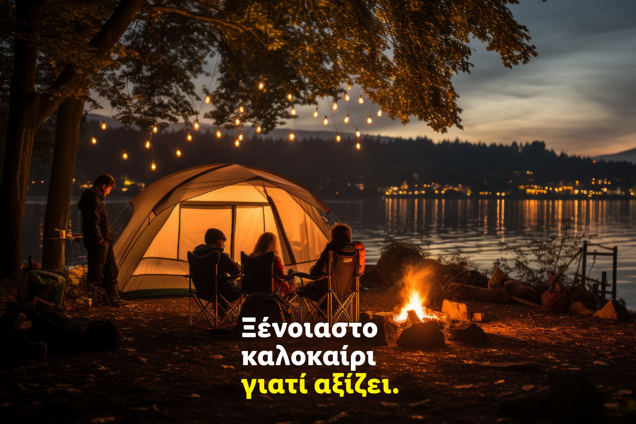 Κατασκήνωση δίπλα στη λίμνη με σκηνή, φωτιά και φώτα, με το μήνυμα «Ξένοιαστο καλοκαίρι γιατί αξίζει».