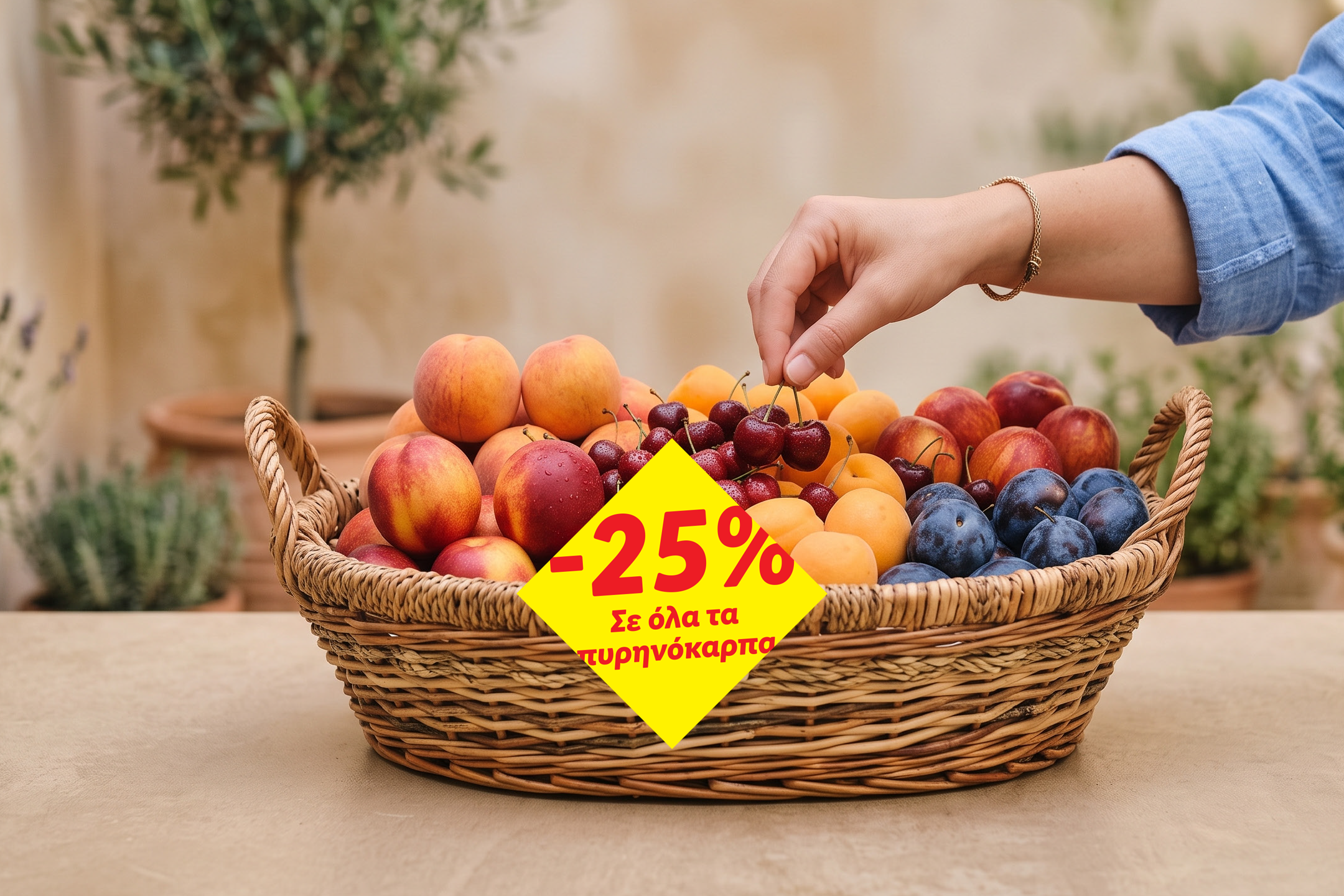Καλάθι με φρούτα, με έκπτωση 25% σε όλα τα πυρηνόκαρπα.