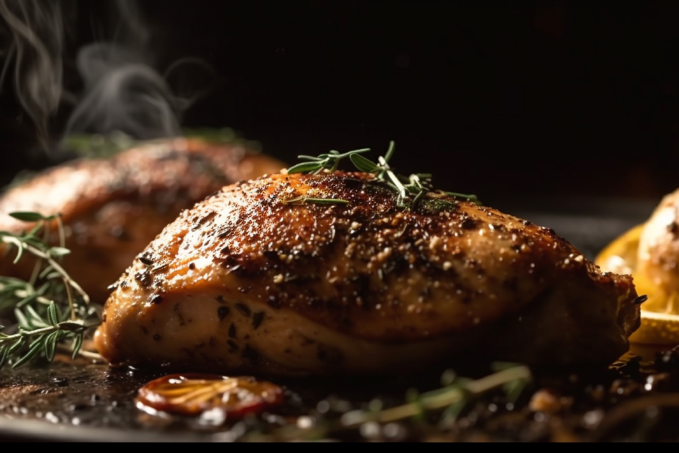 Ζουμερό ψητό κοτόπουλο με μυρωδικά και λεμόνι, με ατμό να αναδύεται.