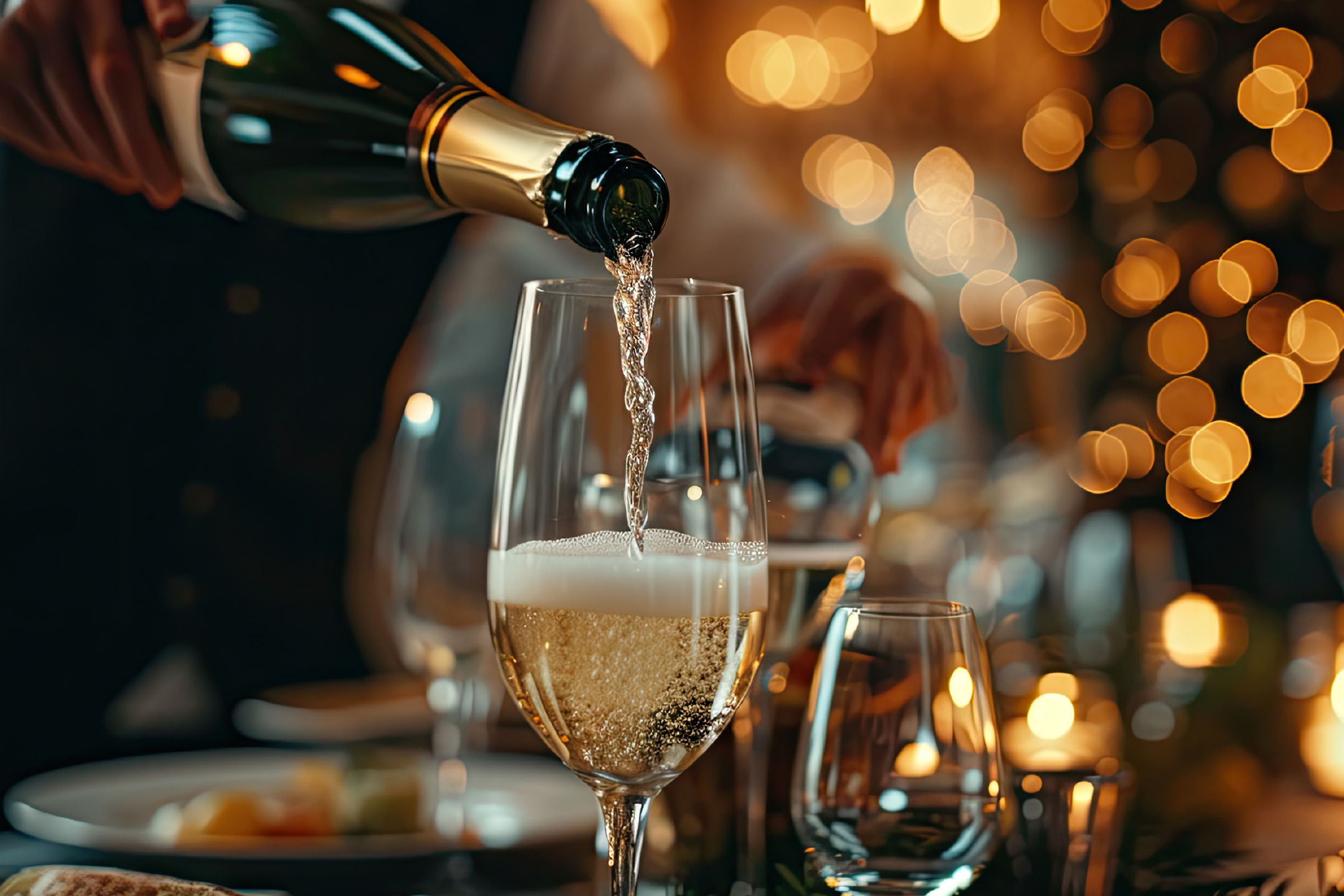 Σερβίρισμα σαμπάνιας σε ποτήρι με φόντο θολά φώτα.