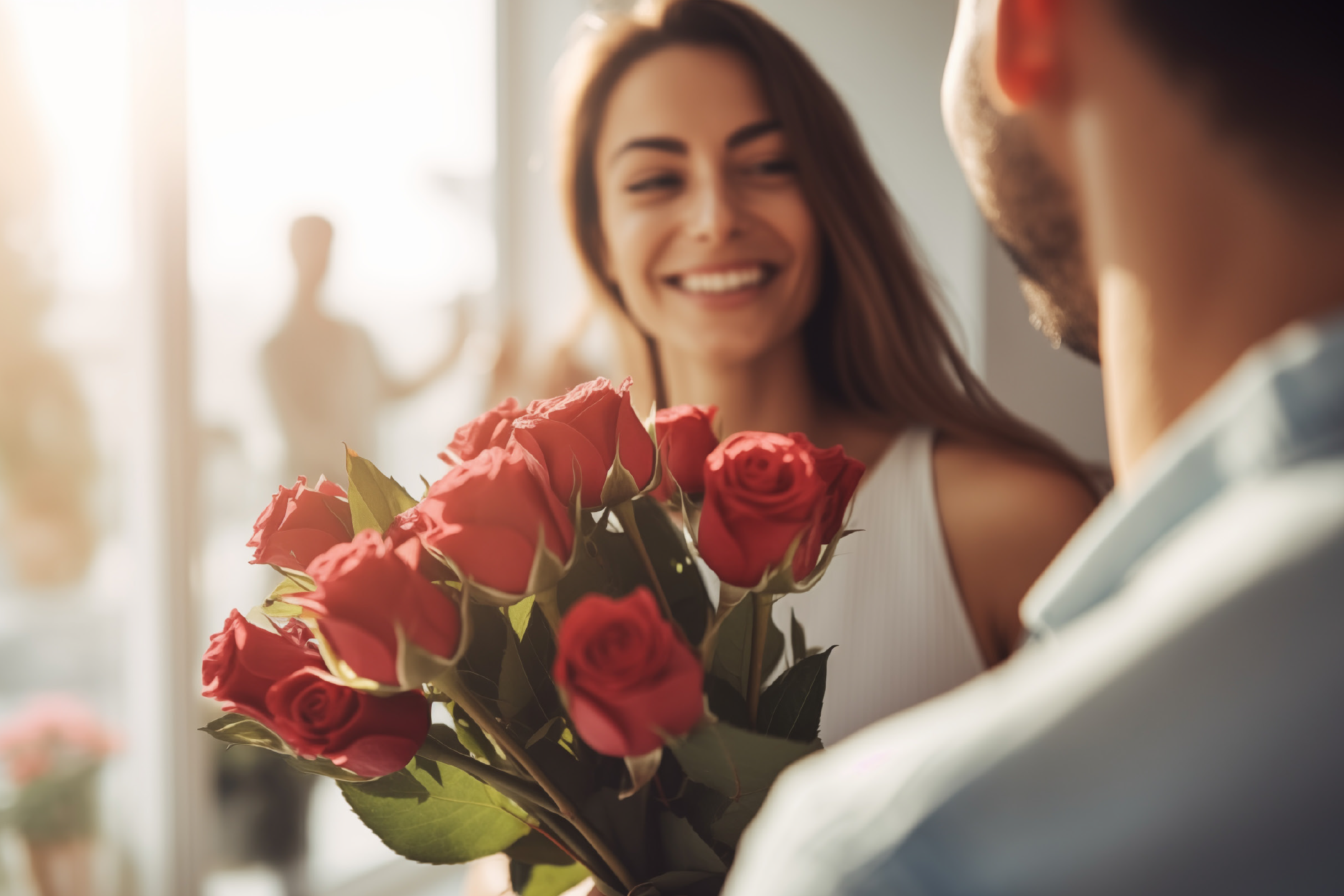 Ένας άντρας δίνει ένα μπουκέτο κόκκινα τριαντάφυλλα σε μια χαμογελαστή γυναίκα.