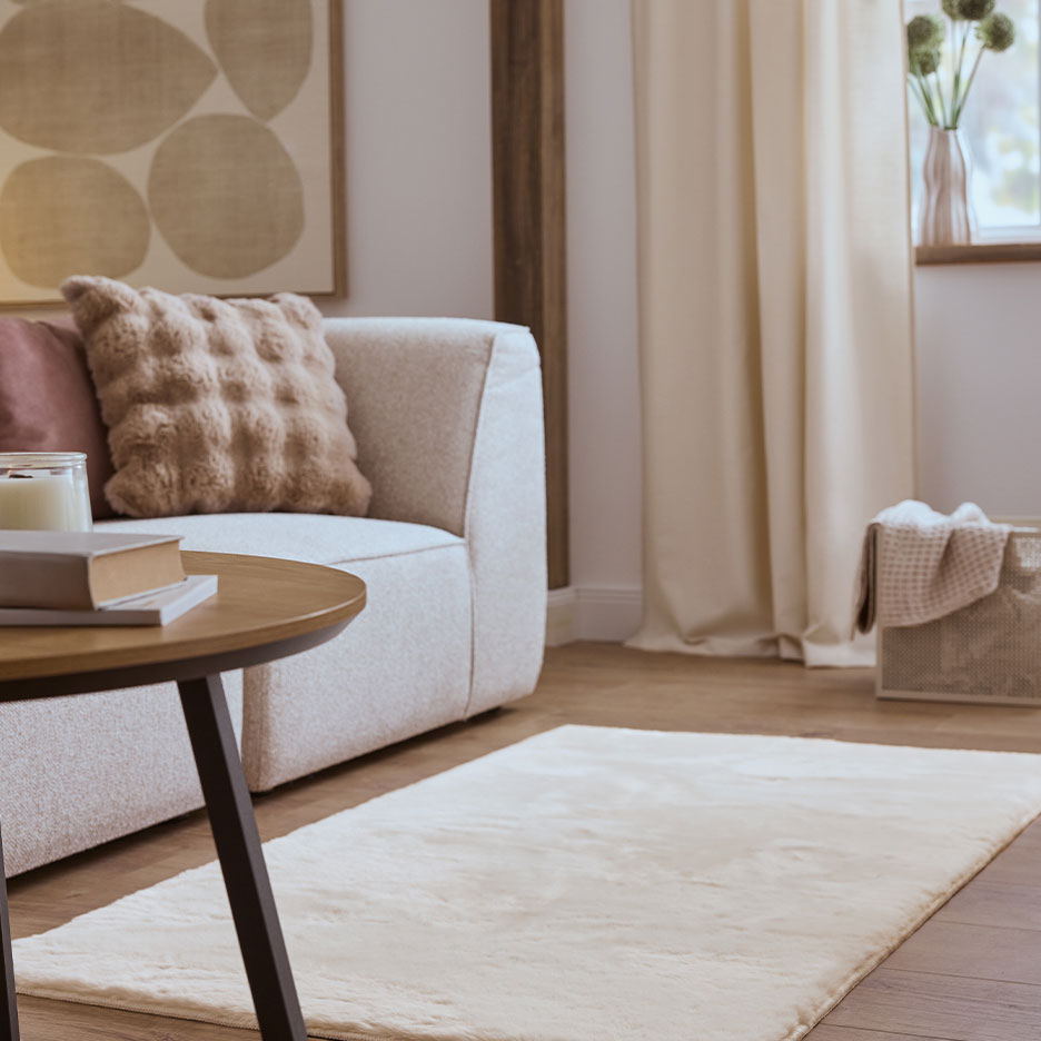 Μπεζ χαλί σε σαλόνι με καναπέ, μαξιλάρια και τραπεζάκι σαλονιού.